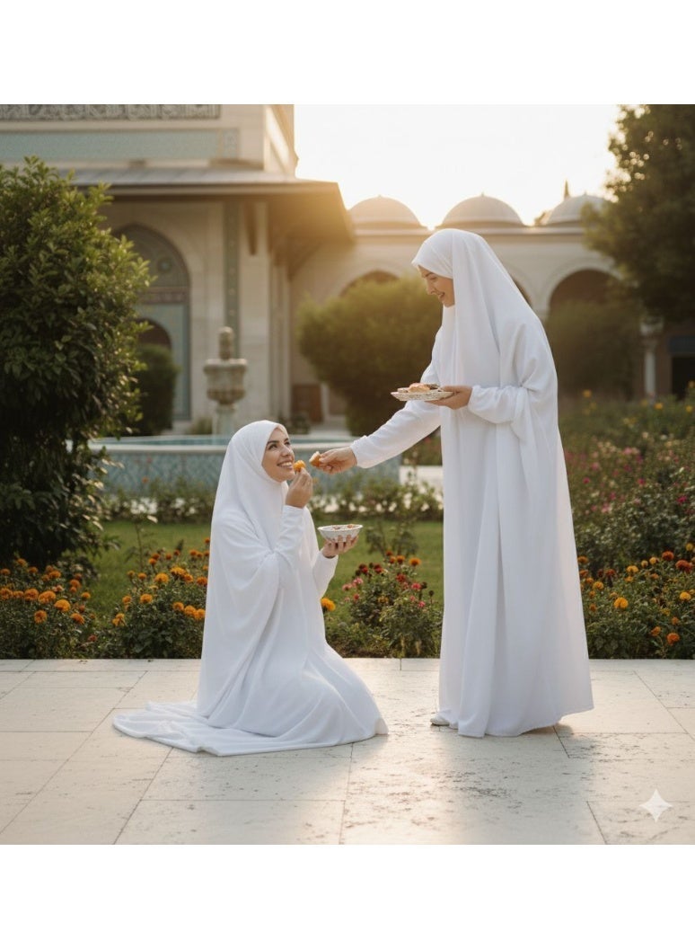 أمياي إسدال صلاة نسائي قطعة واحدة بأكمام طويلة - فستان صلاة إسلامي - ملابس صلاة للنساء - فستان نماز عباية للنساء - جلباب قطعة واحدة - مستلزمات العمرة للنساء - طقم صلاة باللون الأبيض - Image 4